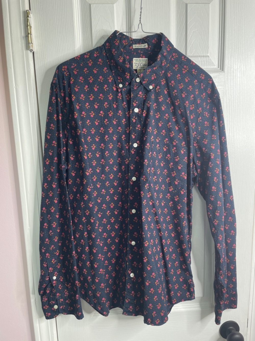 J. Crew Navy Button-Down Shirt with Pink Floral Print. Slim Untucked. Nice